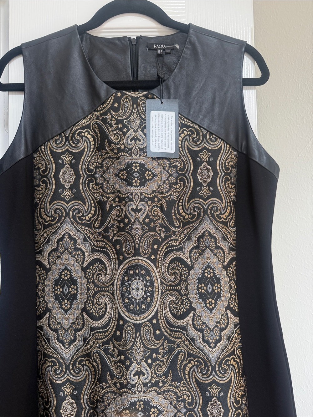 Raoul Black Dress with Metallic Gold Paisley Panel